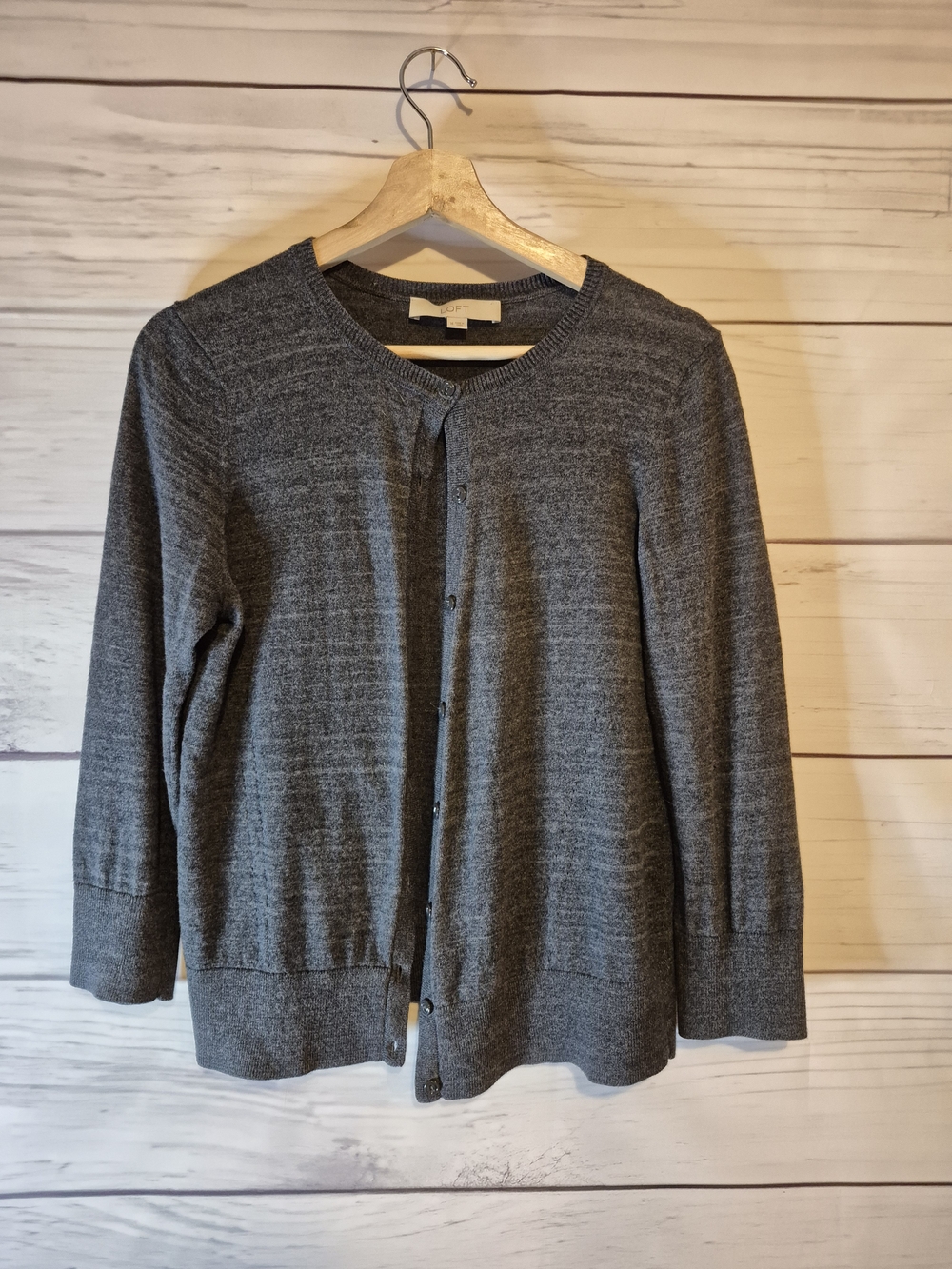 LOFT Gray Button-Front Lightweight 3/4 Sleeve Cardigan